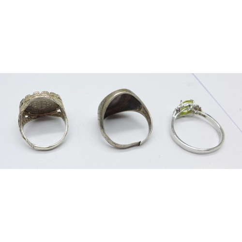 956 - Two silver ID bracelets, three rings, one a/f, a pair of earrings and a pair of cufflinks, 70.6g