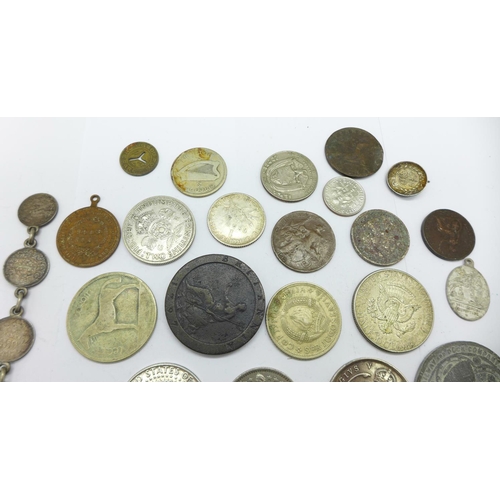 992 - Coins, etc., including a 1797 cartwheel penny, 1915 British West Africa penny, two JFK half dollars ... 