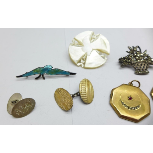 995 - A silver and blue enamel bird brooch, four other brooches, etc., locket a/f