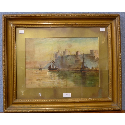 17 - T. Gourley, coastal landscape with a castle, watercolour, 25 x 37cms, framed