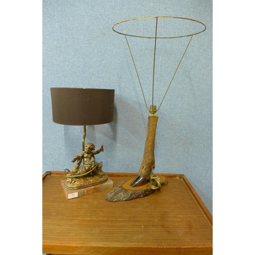 468 - A gilt cherub table lamp and a taxidermy deer hoof table lamp