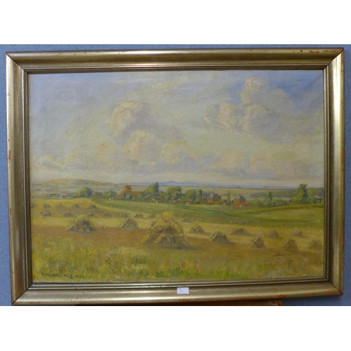 7a - Continental School, harvest scene within an extensive  landscape, oil on canvas, indistinctly signed... 