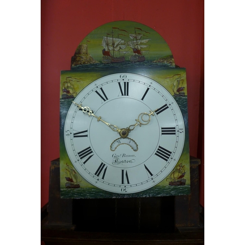 90 - A George III oak 30-hour longcase clock, the painted arched dial signed George Rason, Boston