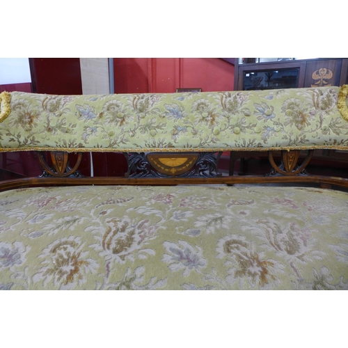 98 - A Victorian inlaid rosewood salon settee and pair of similar tub chairs