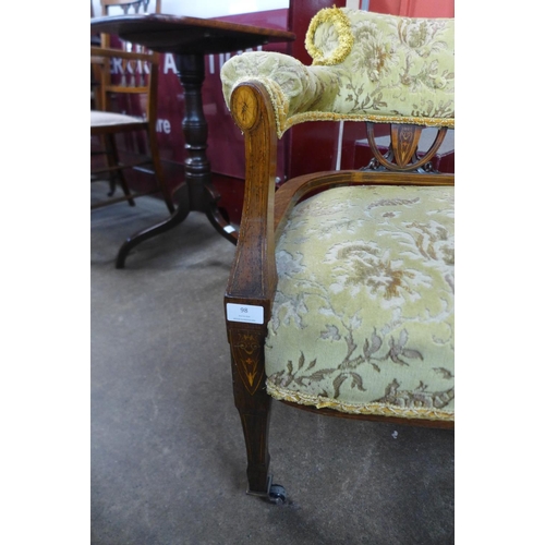 98 - A Victorian inlaid rosewood salon settee and pair of similar tub chairs