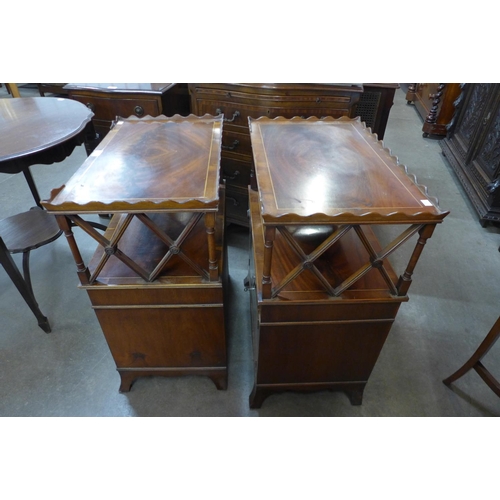 105 - A pair of Regency style inlaid mahogany and yew wood etageres