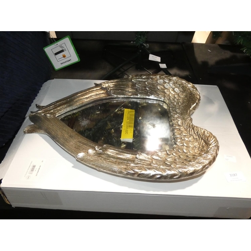 3187 - A silver effect angel wing mirror (40 x 33cm) * this lot is subject to VAT