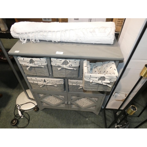 3203 - A grey painted five drawer, two door cabinet and a white runner (cabinet H74 x W62 x D32cm) * this l... 