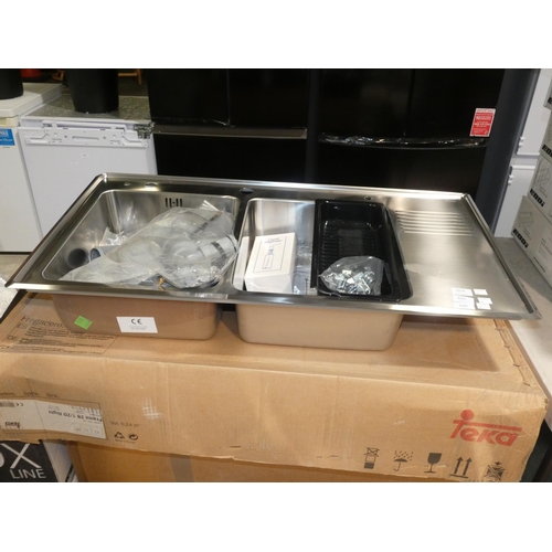 3335 - A stainless steel Teka 2B1/2D right double sink with waste pipe, etc.