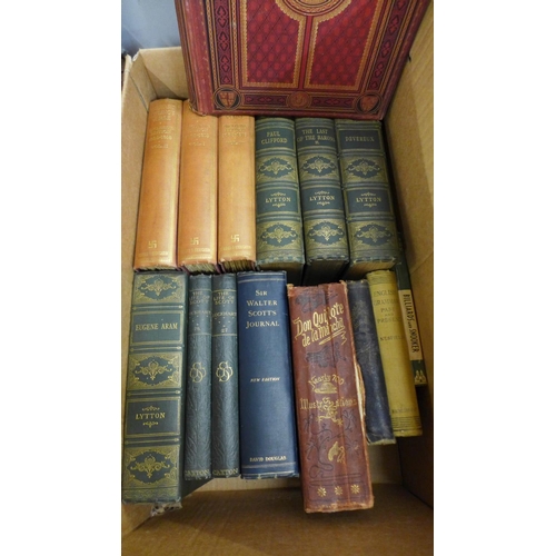 1192 - Two boxes of antiquarian and later books, including Lady of the Lake by Walter Scott printed by Jame... 