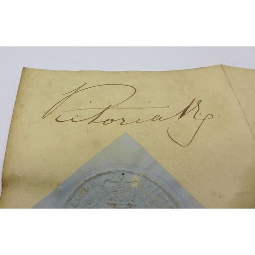 613 - Two Queen Victoria signed Military Commission documents with seals dated 1861 and 1870, one signatur... 