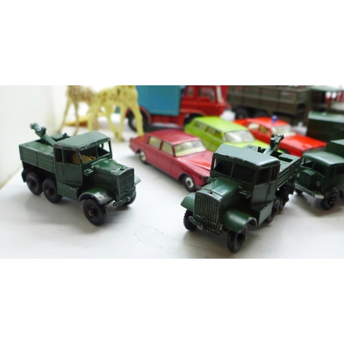 674 - Corgi Toys Chipperfields Circus vehicles, (one figure a/f), Matchbox Lesney vehicles including milit... 