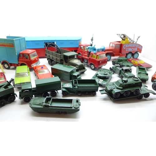 674 - Corgi Toys Chipperfields Circus vehicles, (one figure a/f), Matchbox Lesney vehicles including milit... 