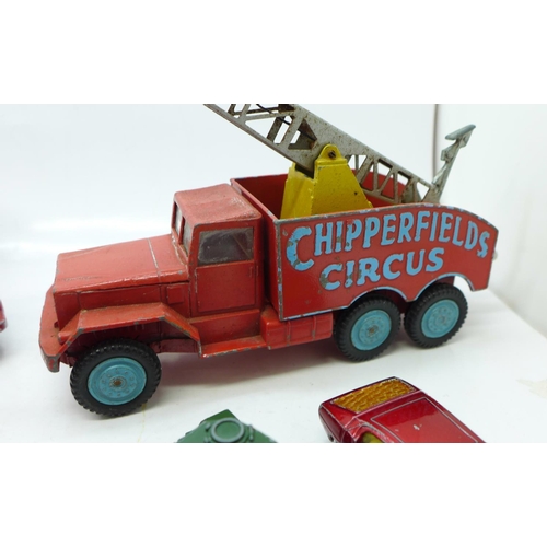 674 - Corgi Toys Chipperfields Circus vehicles, (one figure a/f), Matchbox Lesney vehicles including milit... 