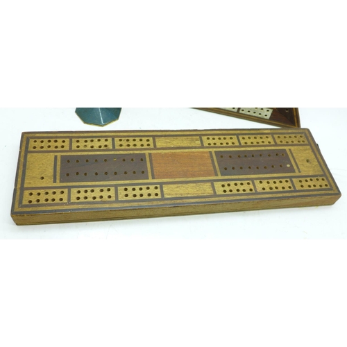 722 - Two cribbage boards and a Bridge stand