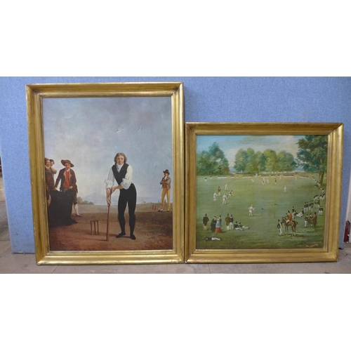 397 - Four prints, 19th Century cricketing scenes, framed