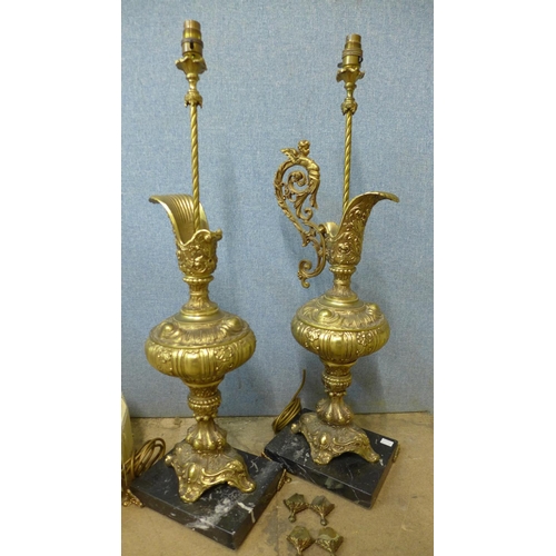 424 - A pair of rococo style brass and marble based table lamps, one a/f