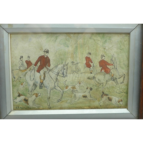 776 - A framed pen and ink drawing depicting a hunting scene, late 19th Century, signed E.B. Herberte, (18... 