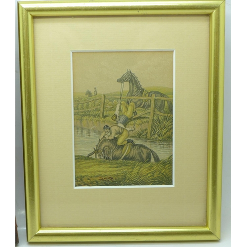 776 - A framed pen and ink drawing depicting a hunting scene, late 19th Century, signed E.B. Herberte, (18... 