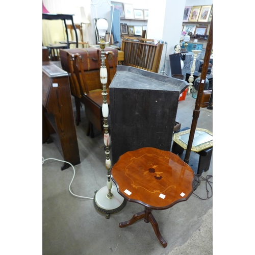 357 - A brass and onyx standard lamp and a Sorrento ware occasional table