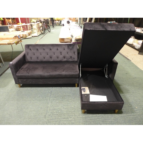 3167 - A black velvet L-shaped sofa with lift up storage (H 80cm x W 215cm x D 153cm) * this lot is subject... 