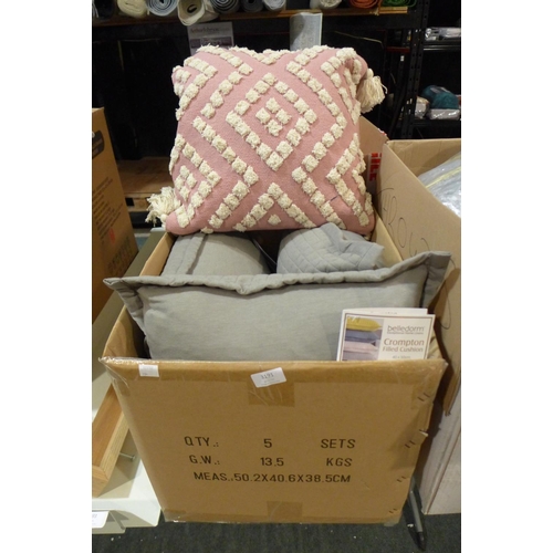 3191 - Three grey cushions and a pink/cream cushion * this lot is subject to VAT