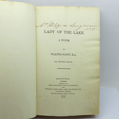 1192 - Two boxes of antiquarian and later books, including Lady of the Lake by Walter Scott printed by Jame... 