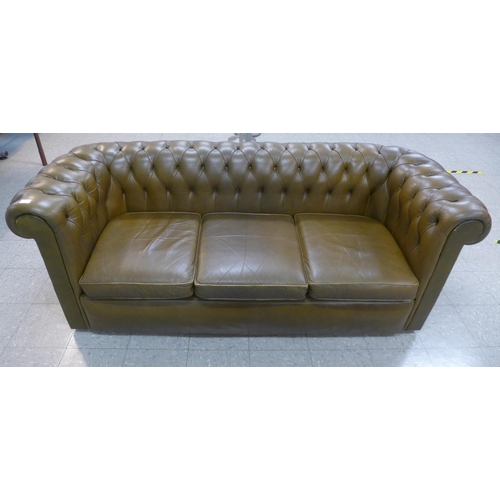 105 - A Chesterfield olive green leather settee, 75cms h, 206cms w, 82cms d