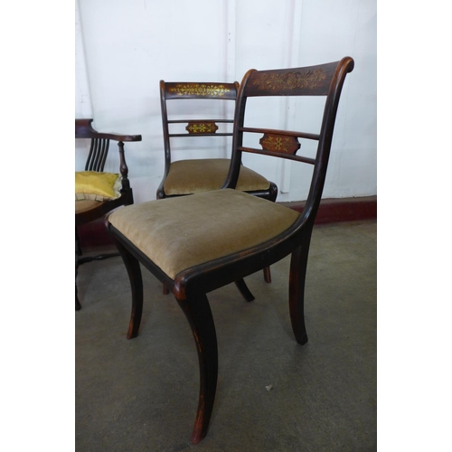 225e - A pair of Regency mahogany and brass inlaid chairs, a Victorian beech child's correction chair and a... 