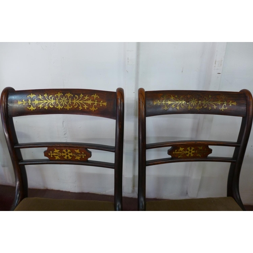 225e - A pair of Regency mahogany and brass inlaid chairs, a Victorian beech child's correction chair and a... 