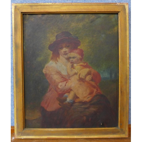 28 - English School (19th Century), portrait of mother and child, oil on canvas, 29 x 24cms and two gilt ... 