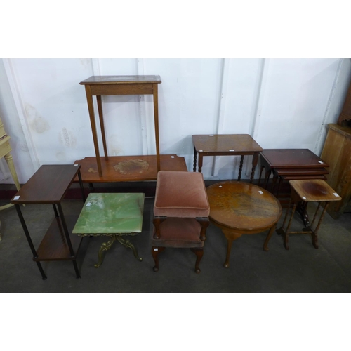 296k - A mahogany bureau, two stools, onyx and brass occasional table, etc. (11)