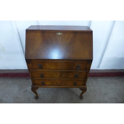 296k - A mahogany bureau, two stools, onyx and brass occasional table, etc. (11)