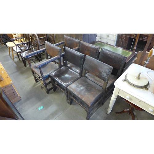 355 - A set of six oak and leather upholstered chairs