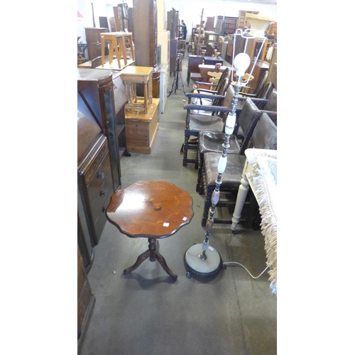 357 - A brass and onyx standard lamp and a Sorrento ware occasional table