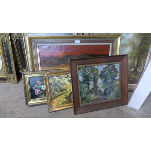 400 - Seven assorted oil paintings and a print