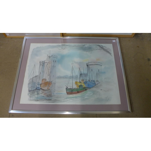 403 - A signed Geoff Hunt print, H.M.S. Surprise, a W. Heath Robinson print, Noah's Ark and a watercolour,... 