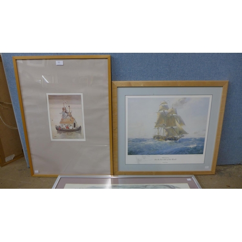 403 - A signed Geoff Hunt print, H.M.S. Surprise, a W. Heath Robinson print, Noah's Ark and a watercolour,... 