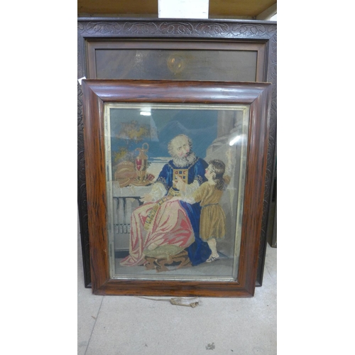 406 - A Victorian religious woolwork tapestry, rosewood frame, a Bubbles print and three others