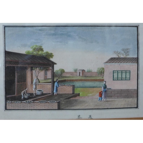 8 - Chinese School, pair of courtyard scenes, watercolour on pith paper, 11.5 x 17.5cms and a portrait o... 