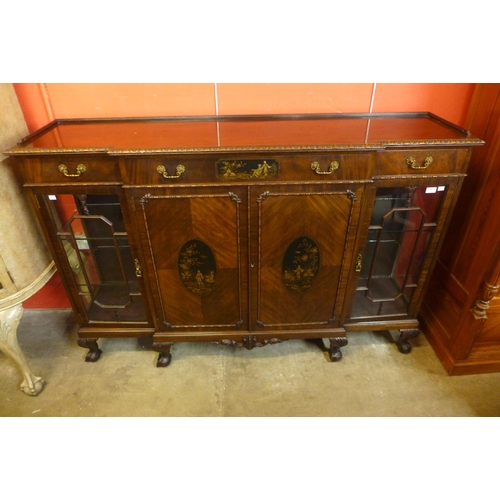 86 - An Edward VII Chinese Chippendale Revival mahogany and chinoiserie decorated side cabinet, 107cms h,... 