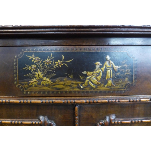 86 - An Edward VII Chinese Chippendale Revival mahogany and chinoiserie decorated side cabinet, 107cms h,... 