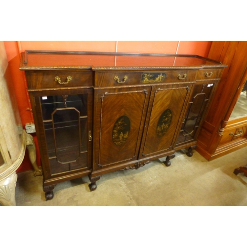 86 - An Edward VII Chinese Chippendale Revival mahogany and chinoiserie decorated side cabinet, 107cms h,... 