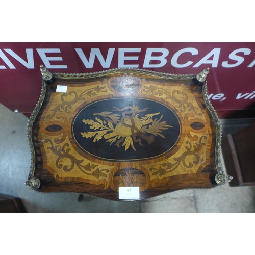 97 - A 19th Century French rosewood, ebonised and marquetry inlaid three tier etagere, 80cms h