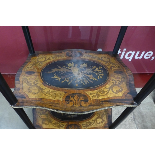 97 - A 19th Century French rosewood, ebonised and marquetry inlaid three tier etagere, 80cms h