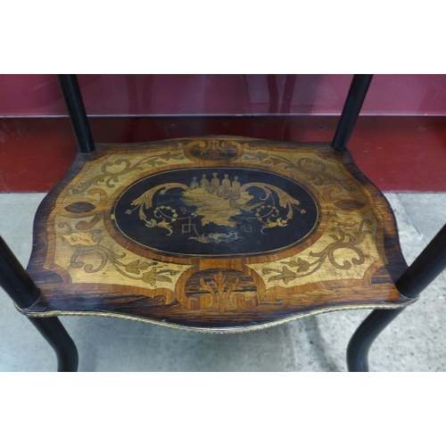 97 - A 19th Century French rosewood, ebonised and marquetry inlaid three tier etagere, 80cms h