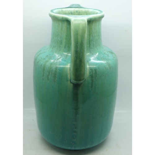 1194 - A Ruskin two handled art pottery vase, pale green crystalline glaze, c.1930, marked Ruskin England o... 