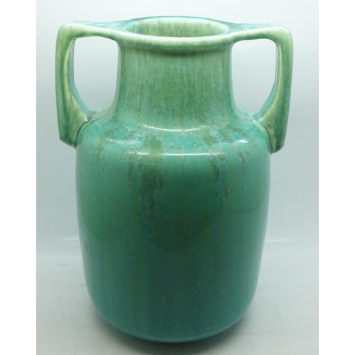 1194 - A Ruskin two handled art pottery vase, pale green crystalline glaze, c.1930, marked Ruskin England o... 