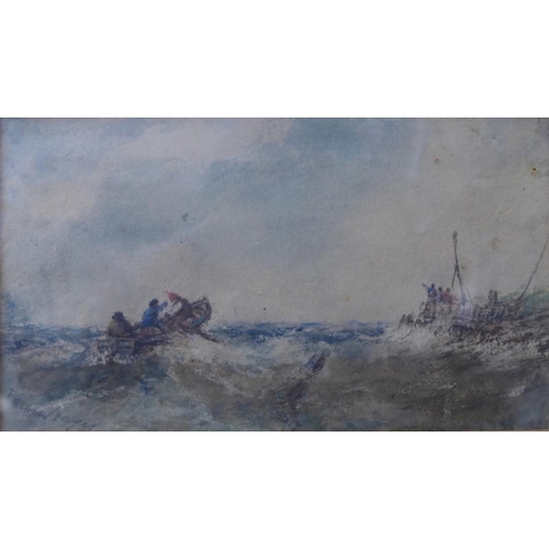 6 - Edwin Hayes (1819-1904), boats in stormy seas, watercolour, 12 x 21cms, framed