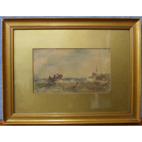 6 - Edwin Hayes (1819-1904), boats in stormy seas, watercolour, 12 x 21cms, framed